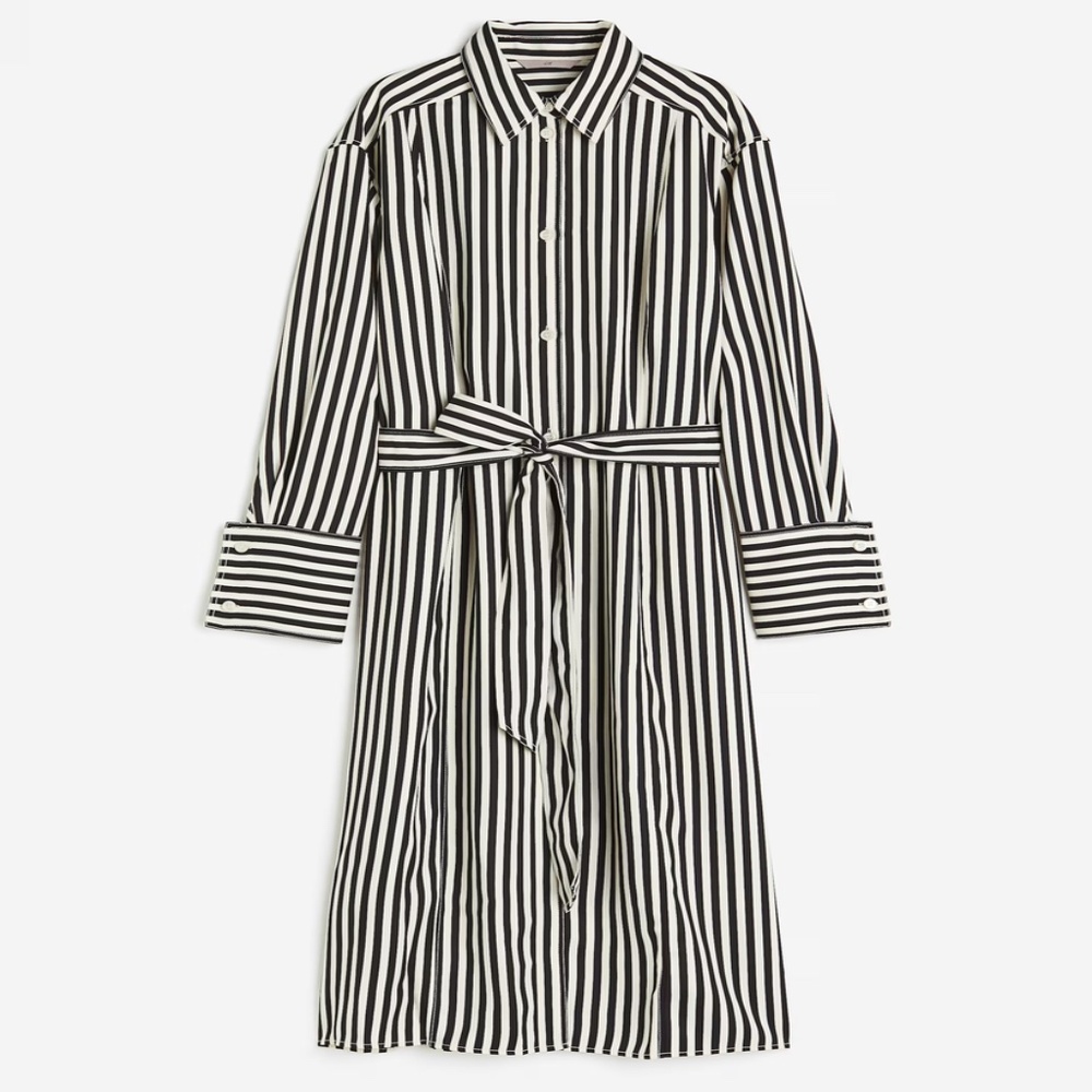 H&M Black and White Striped Midi Tie-Belt Shirt Dress Size S